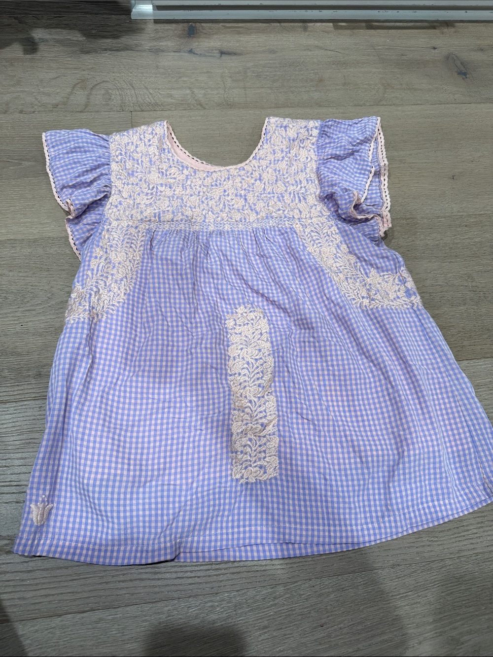Womens Purple Gingham Embroidered Flutter Sleeve Blouse